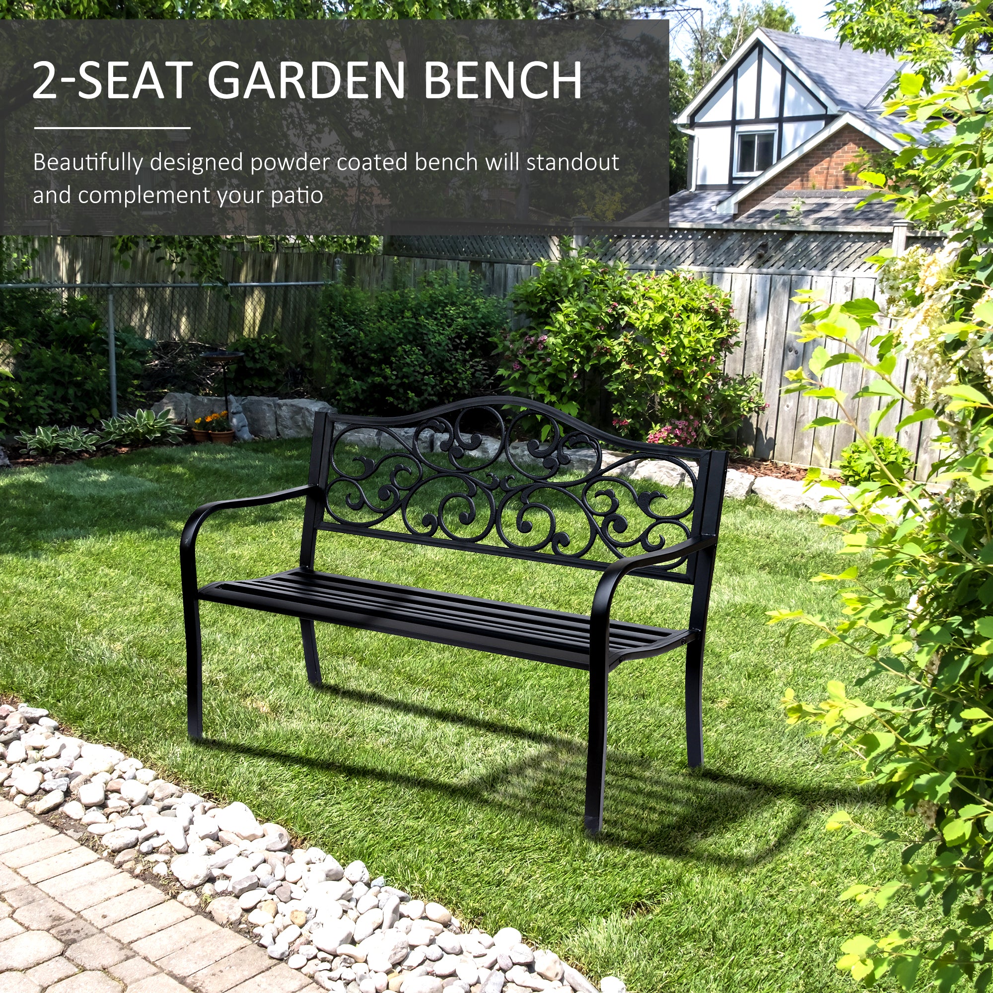 Outsunny Garden Bench Outdoor Loveseat with Vintage Floral Pattern Cast Metal, 50" x 23.6" x 35", Black
