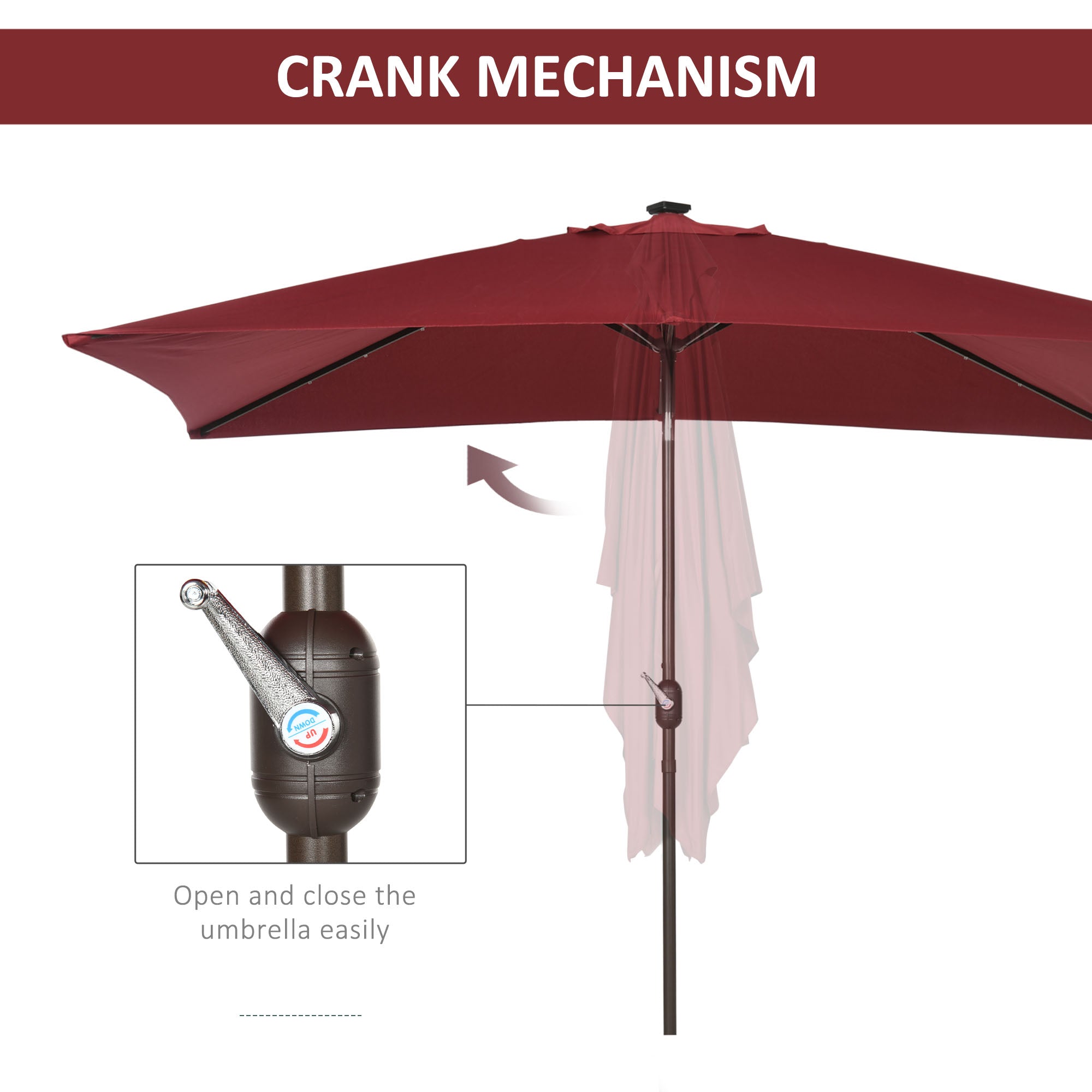 Outsunny 6.5x10ft Patio Umbrella Rectangle Solar Powered Tilt Aluminum Outdoor Market Parasol with LEDs Crank (Wine Red)