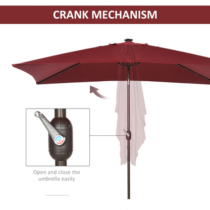 Outsunny 6.5x10ft Patio Umbrella Rectangle Solar Powered Tilt Aluminum Outdoor Market Parasol with LEDs Crank (Wine Red)