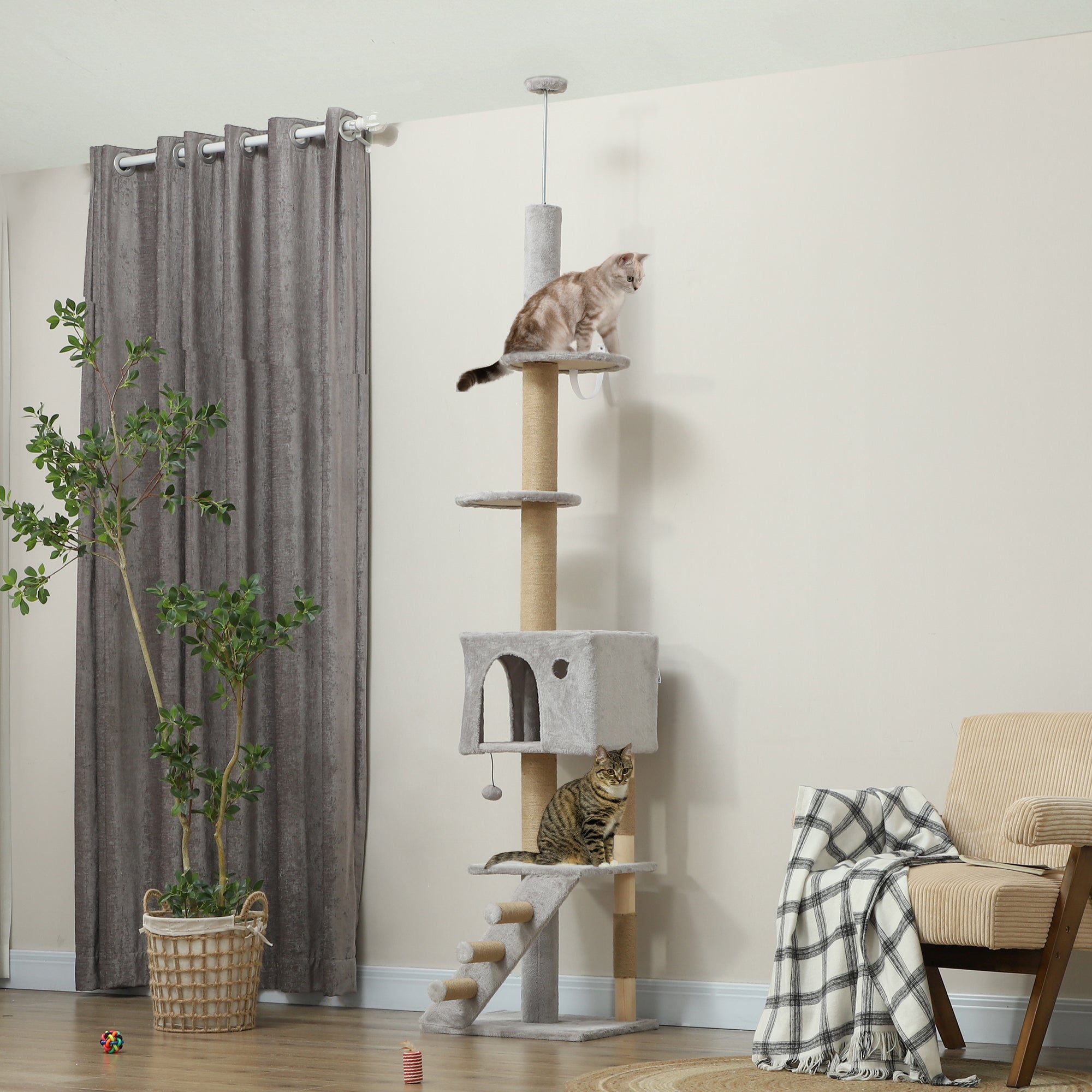 PawHut 89"-104" Floor to Ceiling Cat Tree w/ Scratching Post, Cat House, 3-Steps, Hanging Ball, Perches, Light Grey
