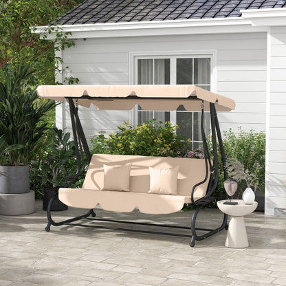 Outsunny 3-Seat Outdoor Patio Swing Chair, Converting Flat Bed, Canopy Swing with Adjustable Shade, Removable Cushions, Cup Holder, Light Brown