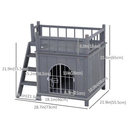 PawHut 2-Story Pet House for Cats Miniature Sized Dogs, Wooden Kitten Shelter with Enclosure, Balcony, Lockable Gate, Stairs, Grey