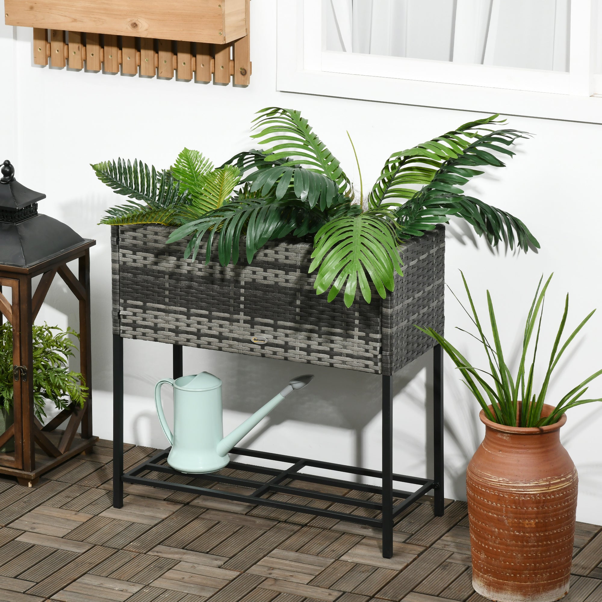 Outsunny Rattan Raised Garden Boxes, Elevated Flower Beds with Storage Shelf for Herbs, Flowers, Vegetables, Mixed Grey