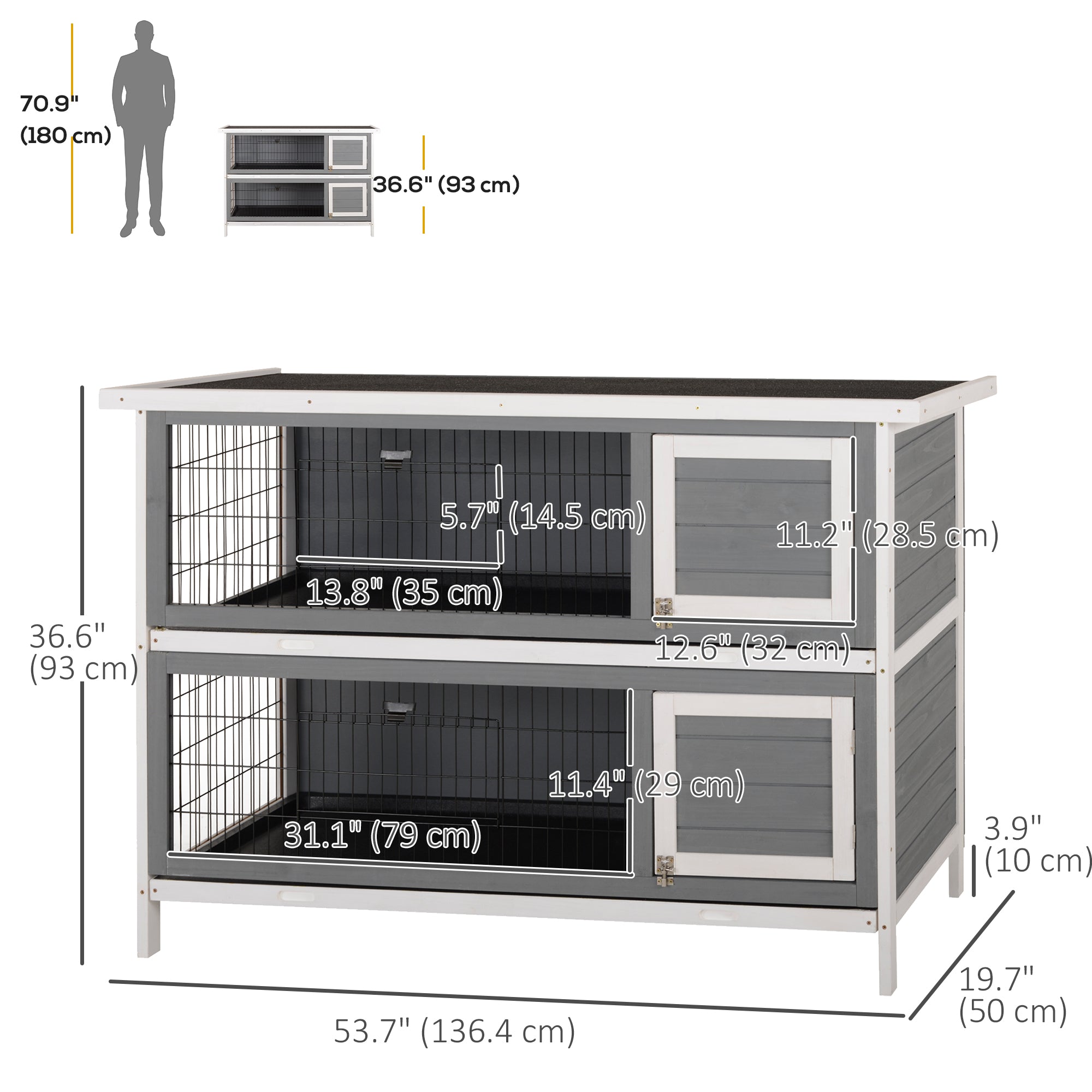 PawHut 2 Tier Wooden Rabbit Hutch Bunny Pet House Wooden Coop Run, Grey
