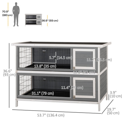 PawHut 2 Tier Wooden Rabbit Hutch Bunny Pet House Wooden Coop Run, Grey