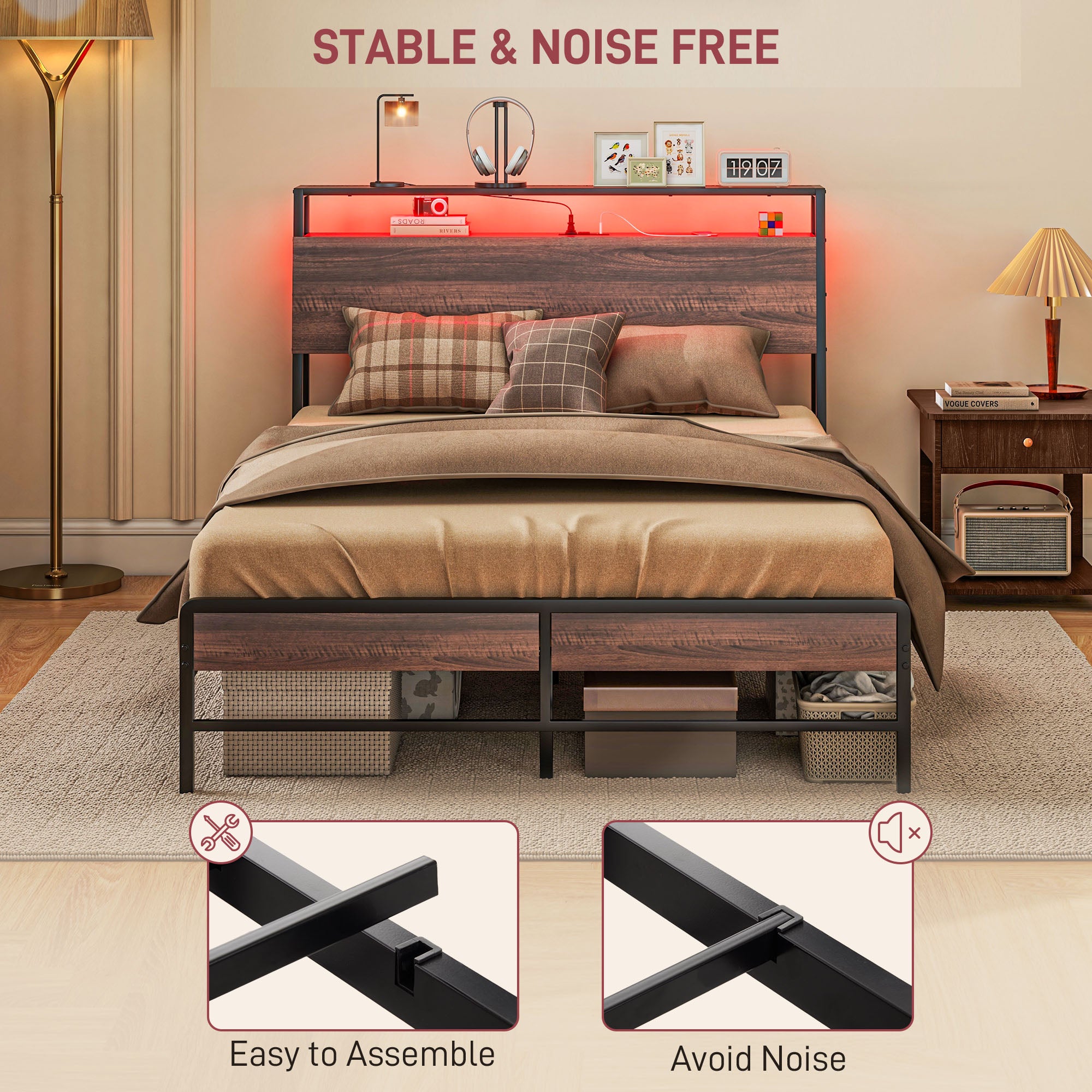 HOMCOM Full Size Bed Frame with LED Lights and Charging Station, Full Bed Frame with Storage Headboard, Noise-Free, Walnut