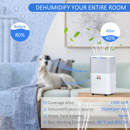 HOMCOM 1500 sq.Ft Portable Quiet Dehumidifier for Home Laundry Room Bedroom Basement, 25pt Electric Moisture Air De-Humidifier with 3 Modes