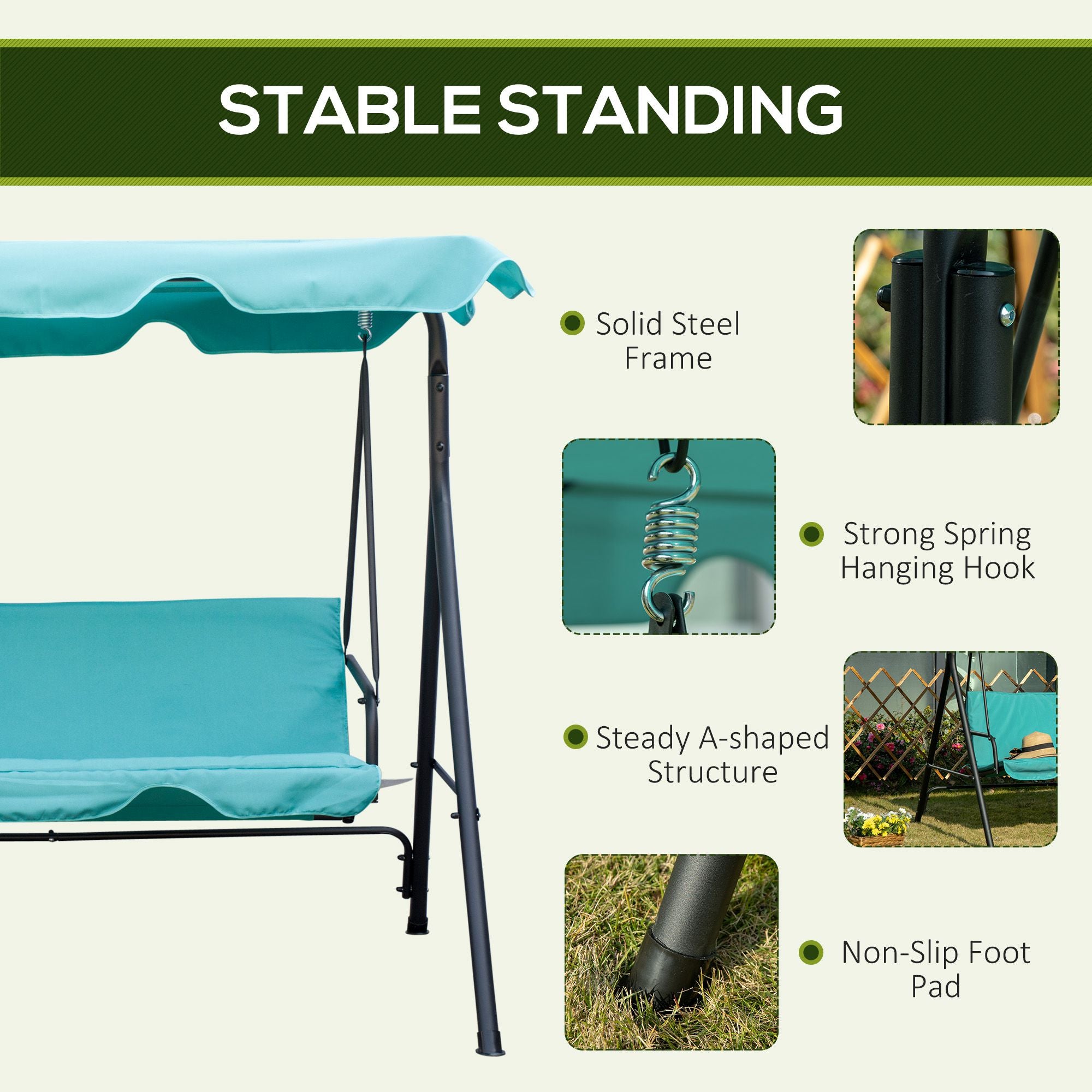 Outsunny 3-Seater Outdoor Porch Swing with Adjustable Canopy, Patio Swing Chair for Garden, Poolside, Backyard, Teal