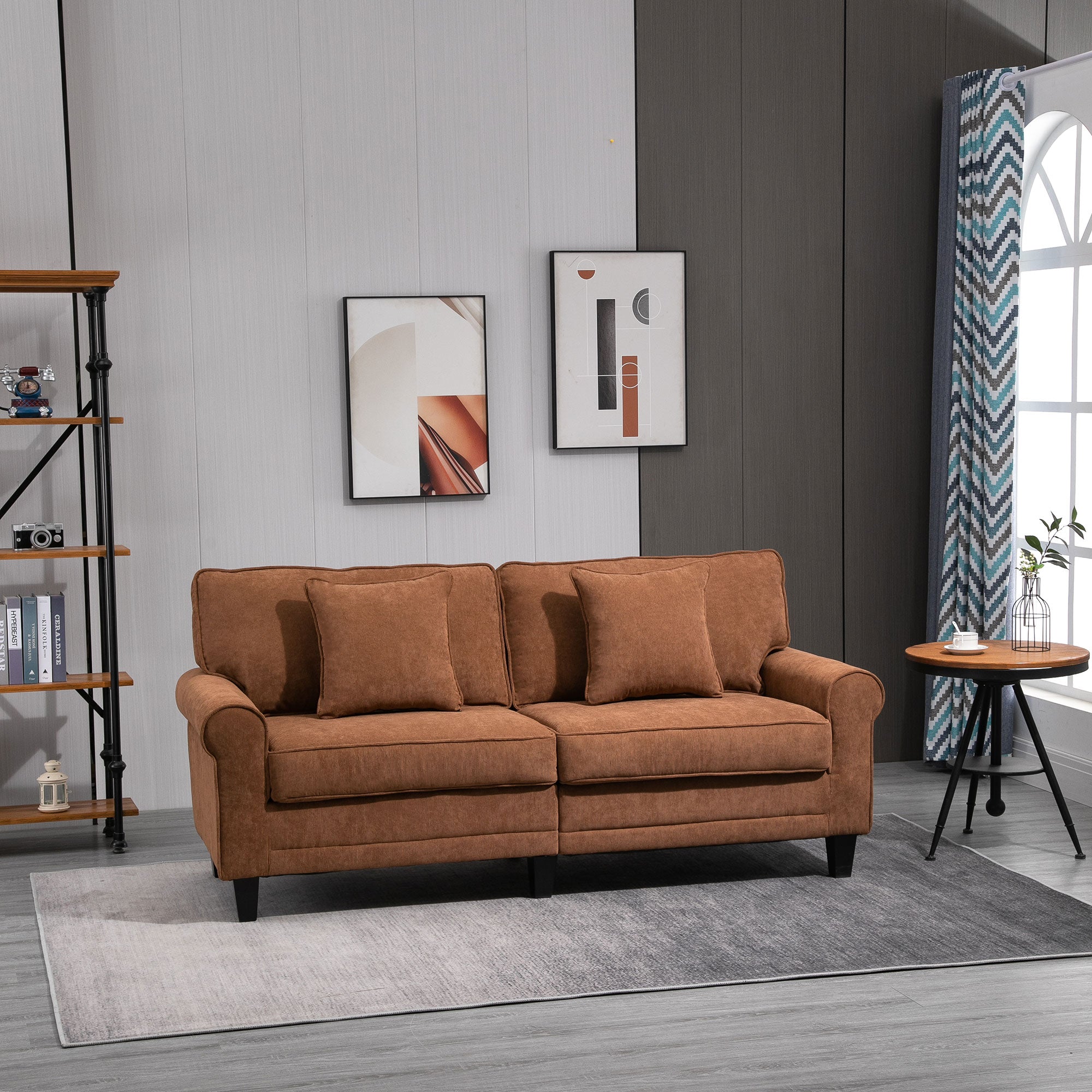 HOMCOM Modern 3 Seater Sofa, Corduroy Fabric 3 Seater Couch with Pine Wood Legs and Rolled Armrests for Living Room, Brown