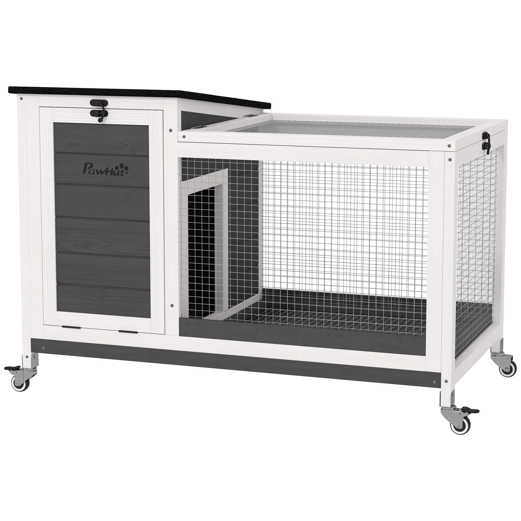 PawHut Wooden Rabbit Hutch with Pull-Out Tray, Asphalt Openable Roof, Small Animal Cage on Wheels with Run, Grey