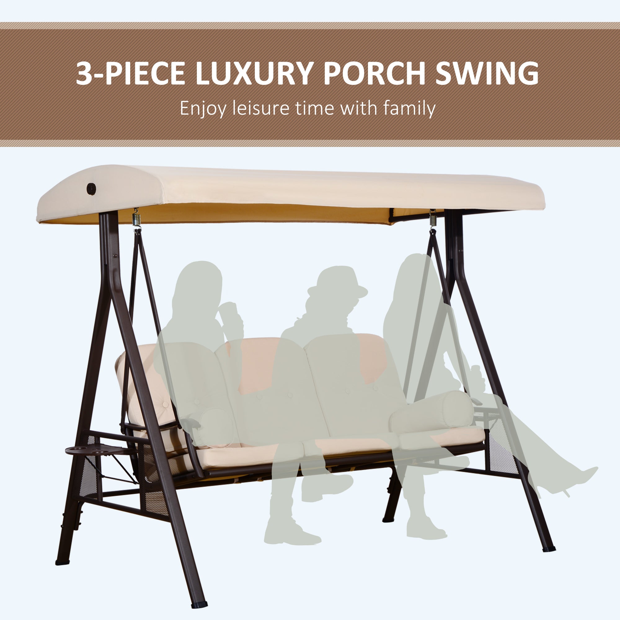 Outsunny 3 Seater Heavy Duty Swing Chair Outdoor Lounge Hammock Cushioned Seat W/ Tilt Canopy, Beige