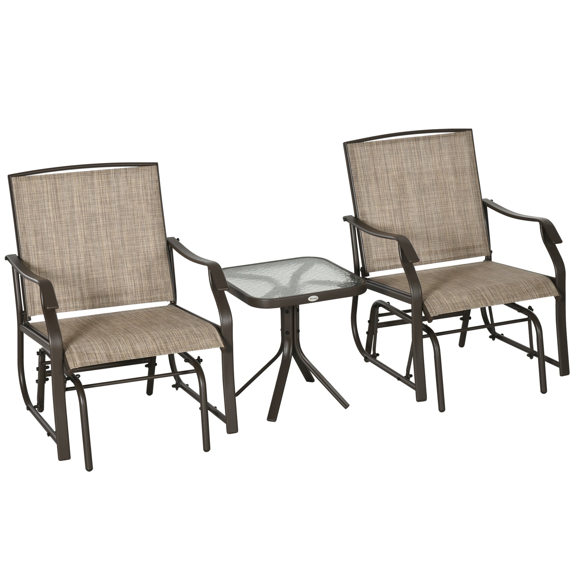 Outsunny 3 Piece Patio Glider Set Outdoor Gliders with Breathable Mesh Seat, Glass Top Table for Garden, Yard, Mixed Brown