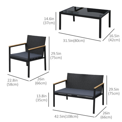 Outsunny 4 Pieces Wicker Patio Furniture Set with Cushions, Outdoor Rattan PE Rattan Conversation Set, Chairs and Loveseat with PS Board Armrests Decoration, Glass Top Table, Black
