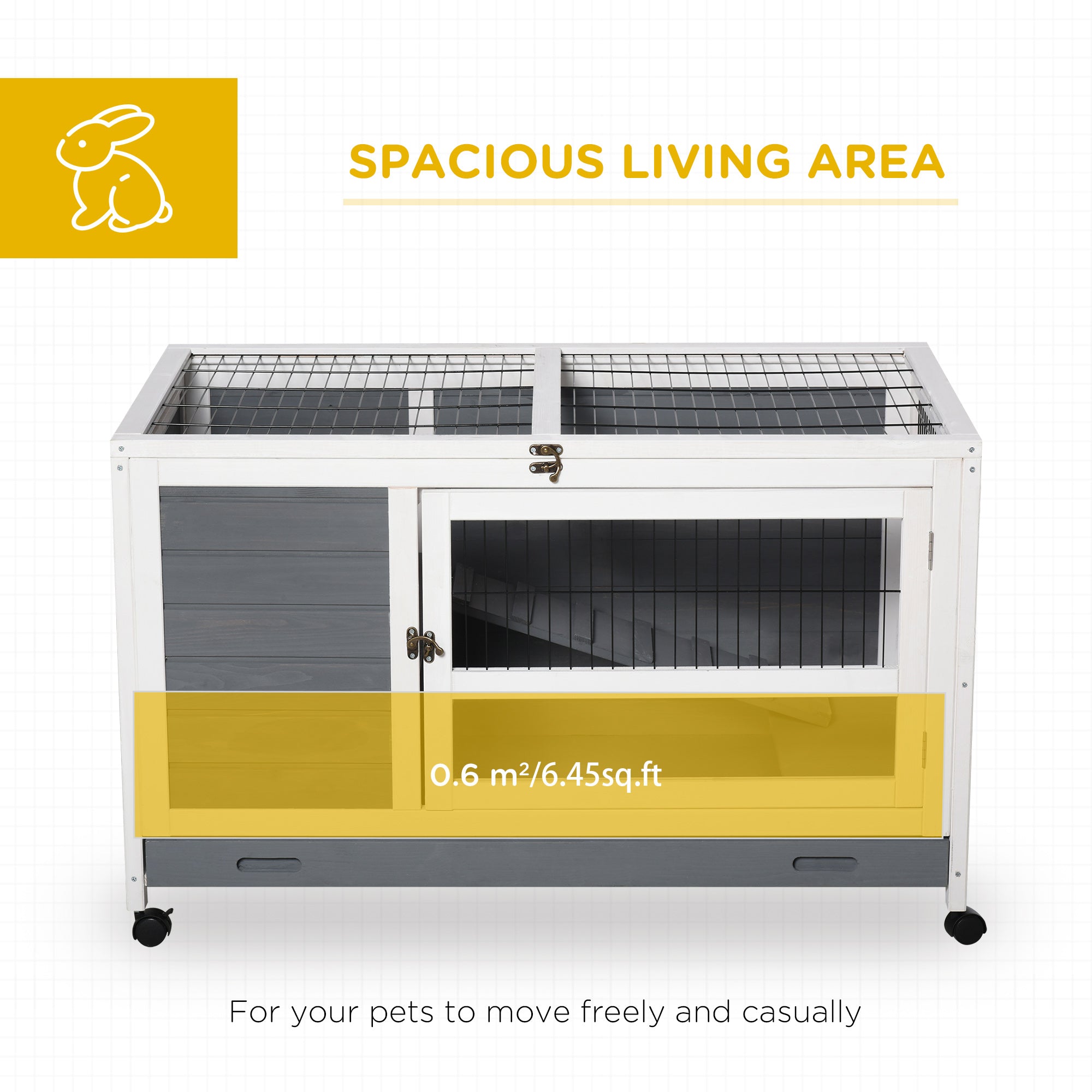 PawHut Wooden Rabbit Hutch Pet House Elevated Bunny Cage Small Animal Habitat with Slide-out Tray Lockable Door Openable Top for Indoor 40.25" x 23.5" x 25" Grey