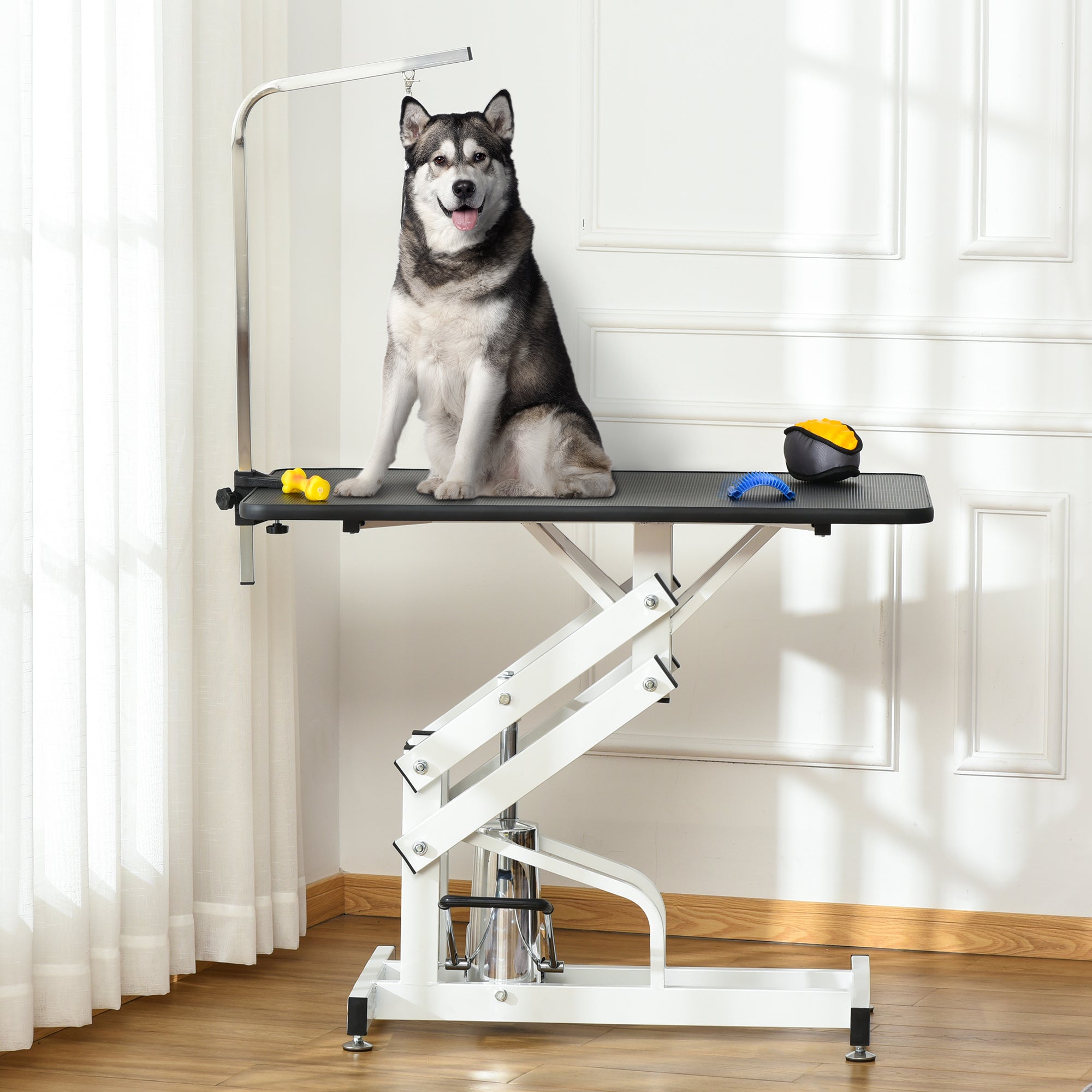 PawHut Pet Grooming Table, Height Adjustable Dog Grooming Table with Arm, Noose and Non-Slip Grooming Table, Black