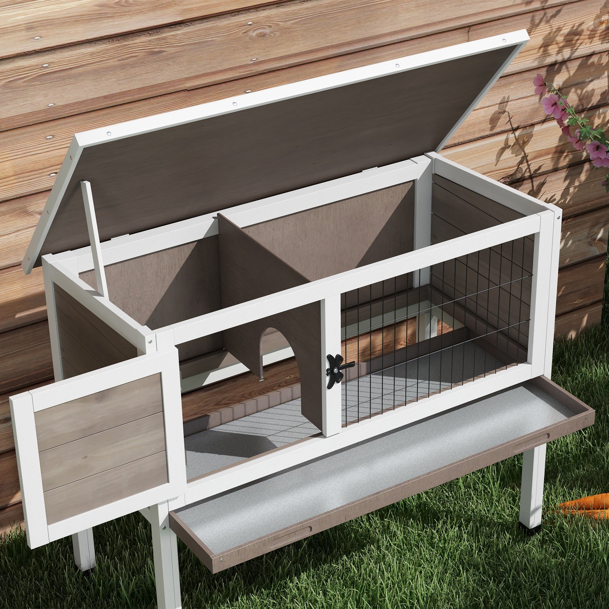 PawHut Wooden Rabbit Hutch with Openable Asphalt Roof, Tray, Brown