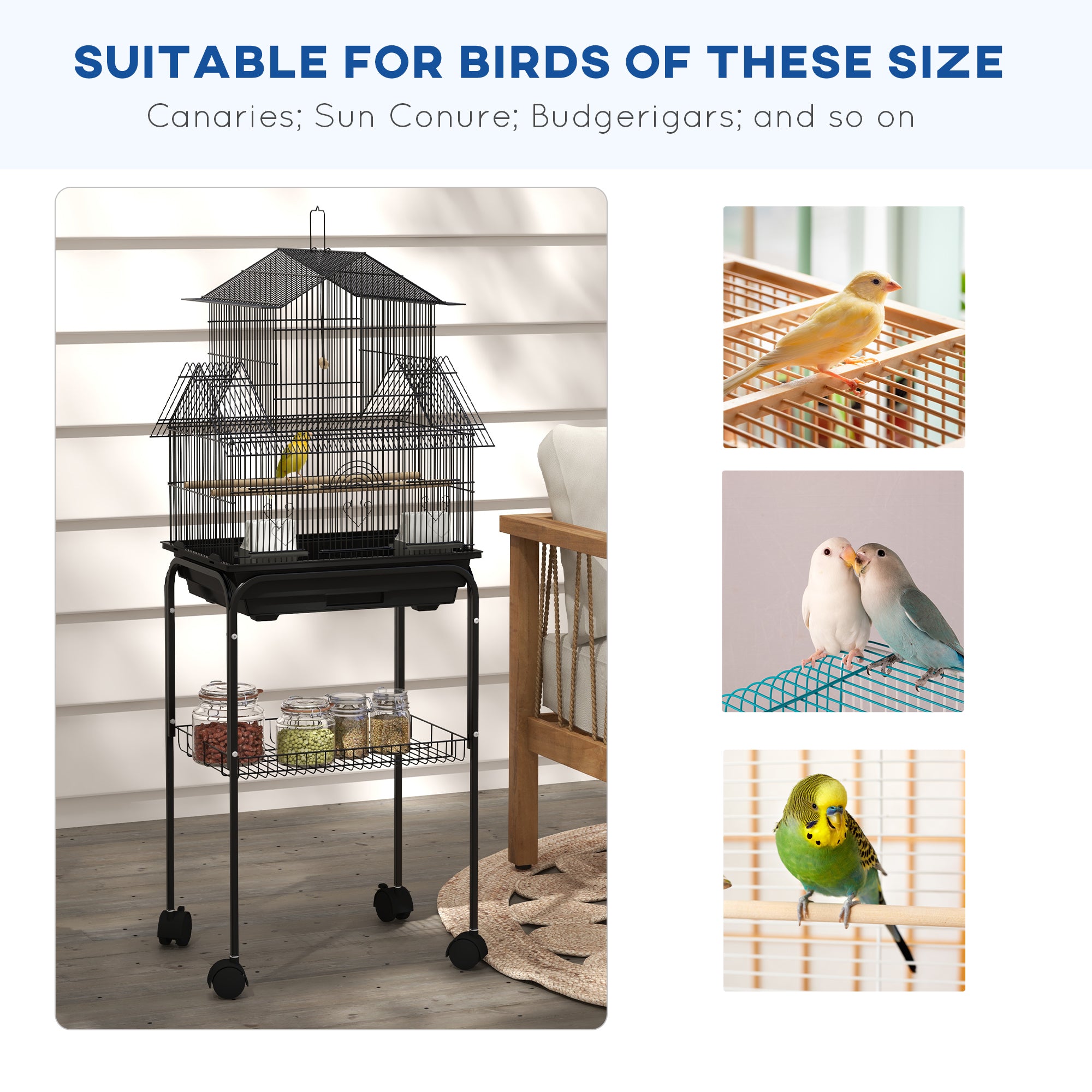 PawHut 48" Bird Cage with Perch, Swing, Food Container, Slide-out Tray, Handle, Parrot Cage for Finches, Canaries, Budgies