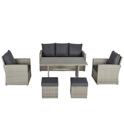 Outsunny 6 PCS Rattan Outdoor Dining Set Patio Dining Table and Chair Set with Plastic Wood Top Dining Table, Cushions, Grey