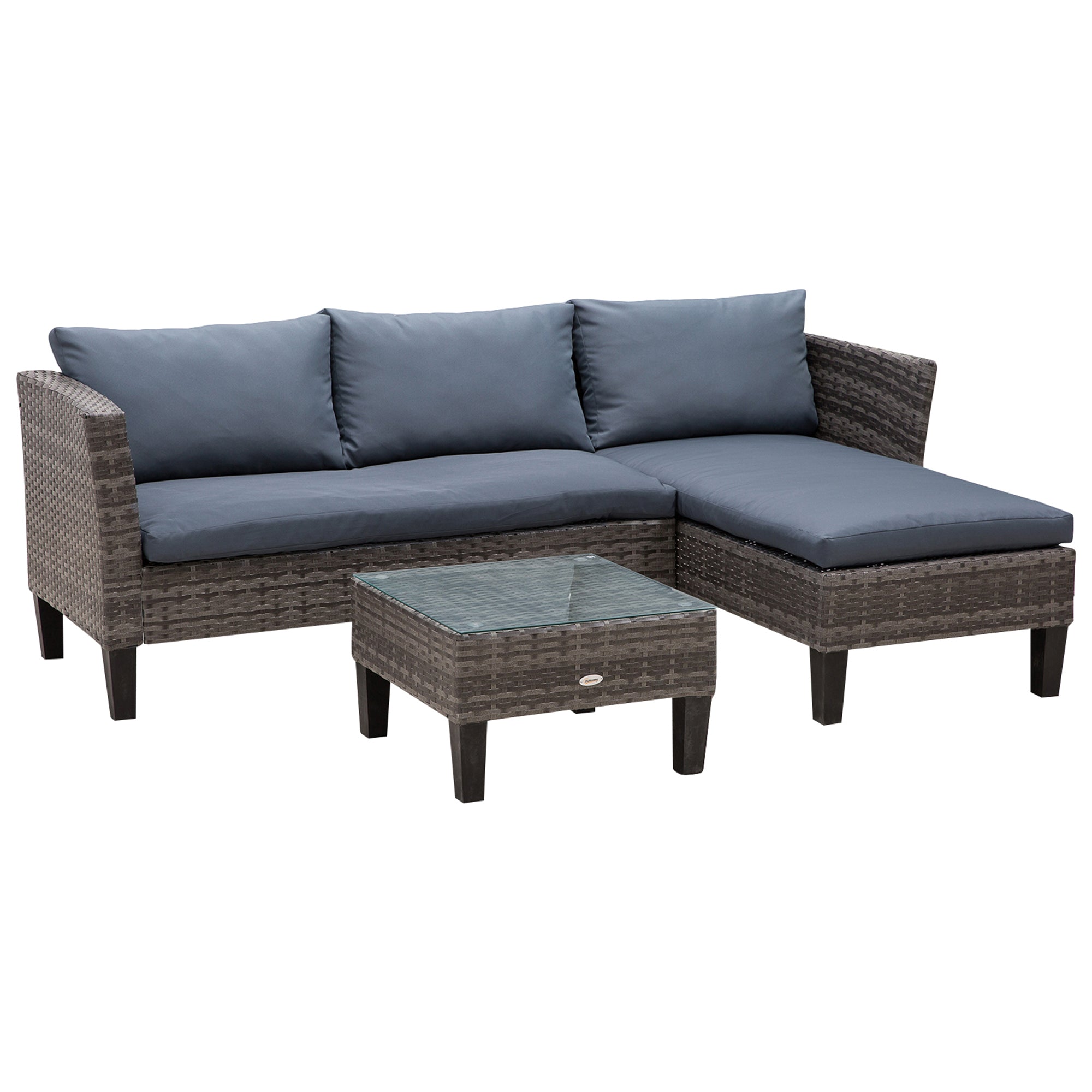 Outsunny 3 Piece Wicker Patio Furniture Set Outdoor Sofa Set with Glass Tabletop, Cushions Metal Frame for Balcony, Patio, Grey
