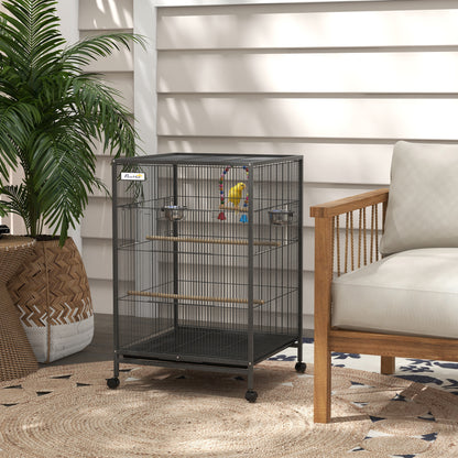 PawHut 29" Bird Cage for Parrots Lovebirds Budgies Finches, Flight Cage with 5 Doors, Swing, Stainless Steel Bowls, Removable Tray, Wheel, Grey
