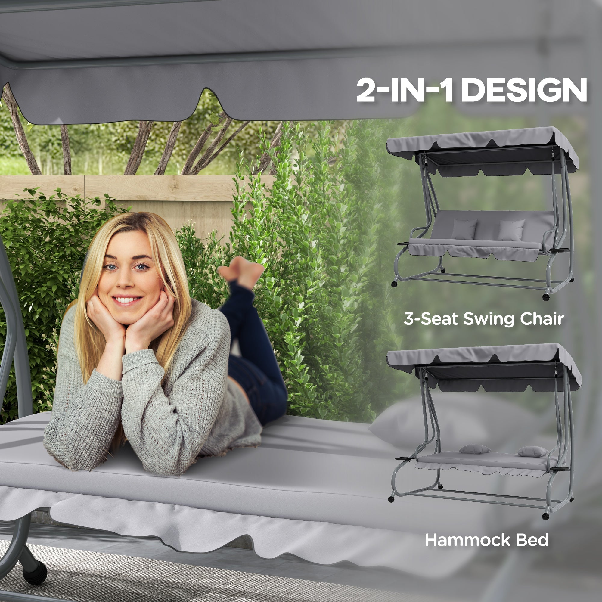 Outsunny Outdoor 3-Seater Patio Swing Chair, Outdoor Swing Seat, with Adjustable Canopy and Two Pillows for Garden, Light Grey