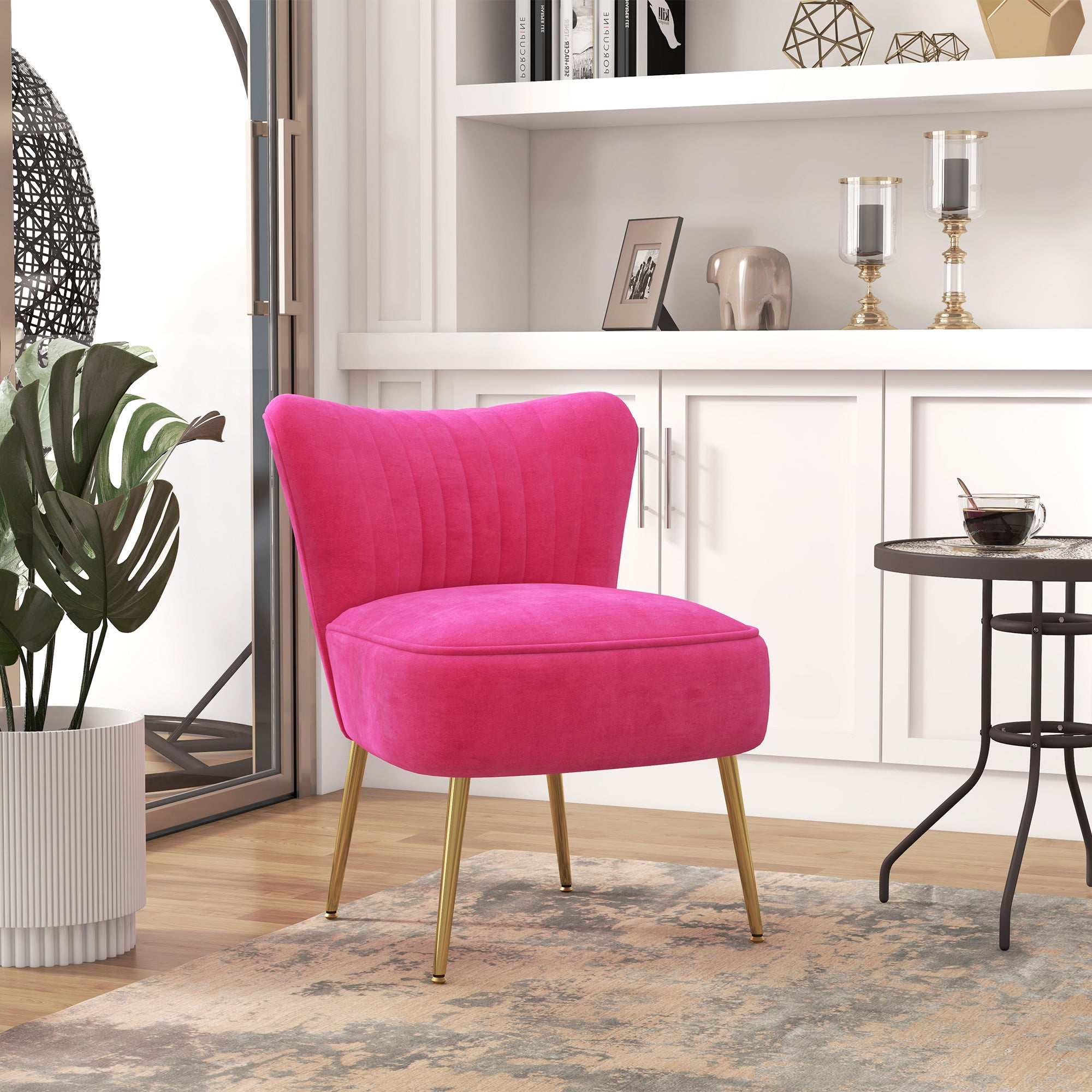 HOMCOM Velvet Lounge Chair, Modern Accent Chair for Living Room with Gold Steel Legs and Tufting Backrest, Pink