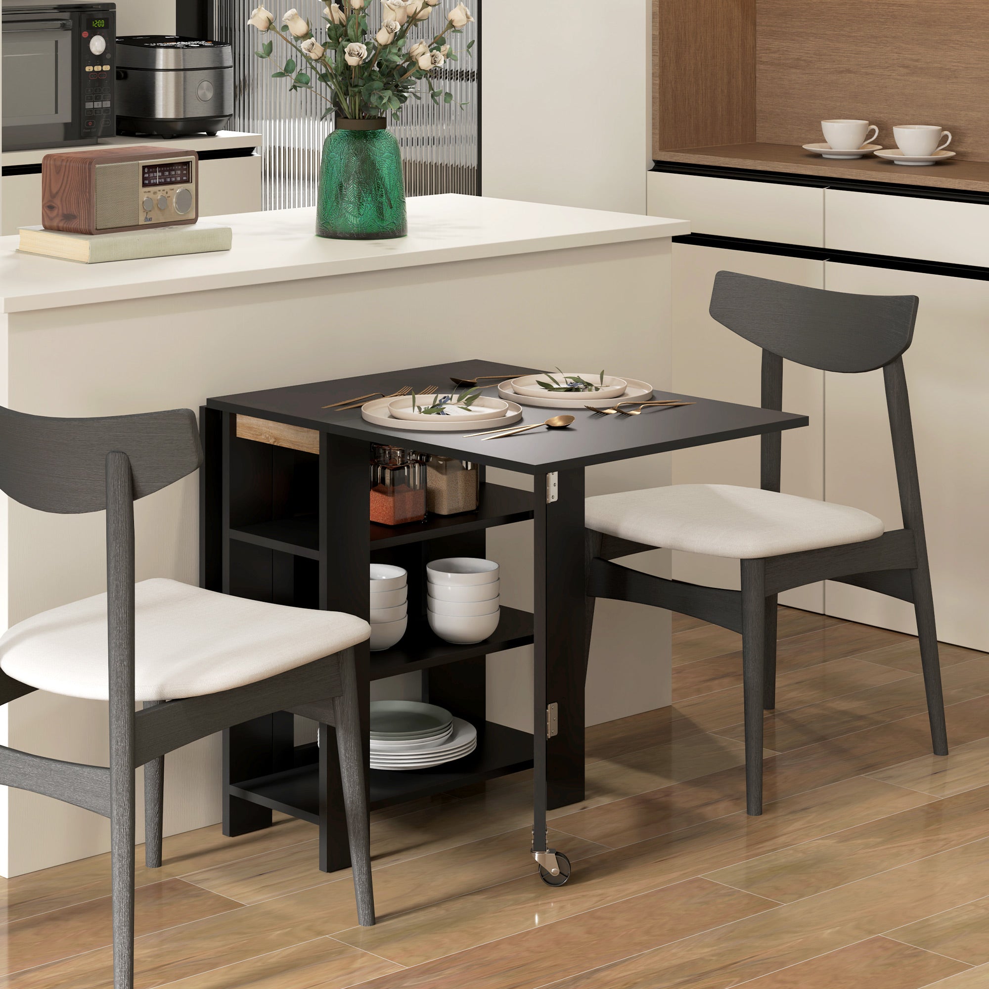 HOMCOM Folding Dining Table with Storage, Drop Leaf Kitchen Table for Small Spaces, Black