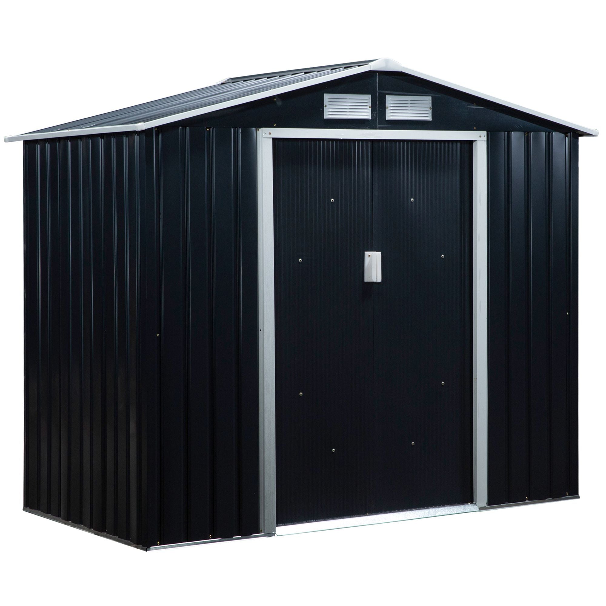 Outsunny 7' x 4' x 6' Garden Storage Shed Outdoor Patio Metal Tool Storage House w/ Foundation Kit and Double Doors Dark Grey