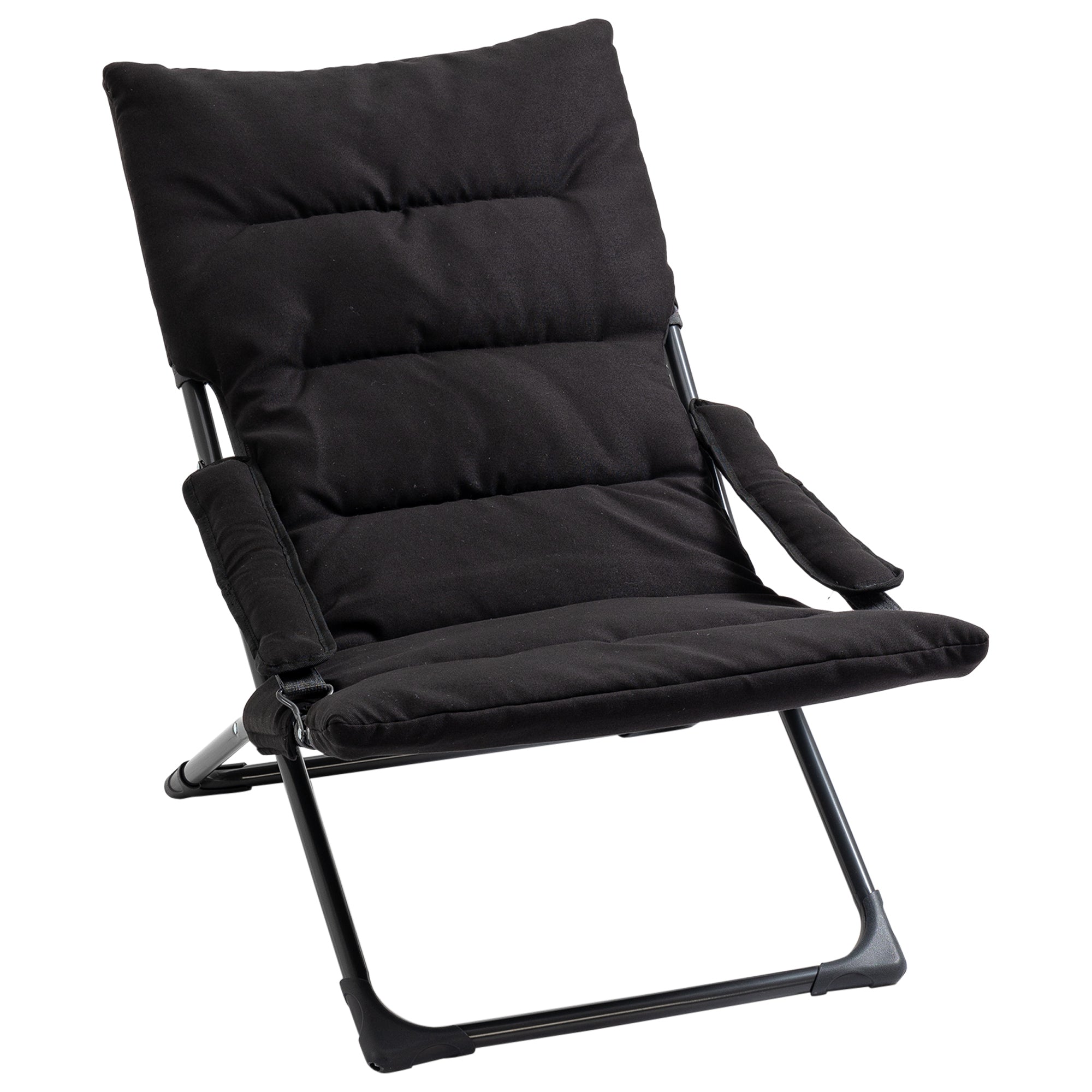 Outsunny Folding Lounge Chair, Mesh Fabric Lounger with Thick Padded Cushion and Armrest, Camping Beach Chair for Poolside, Deck, Backyard, Black
