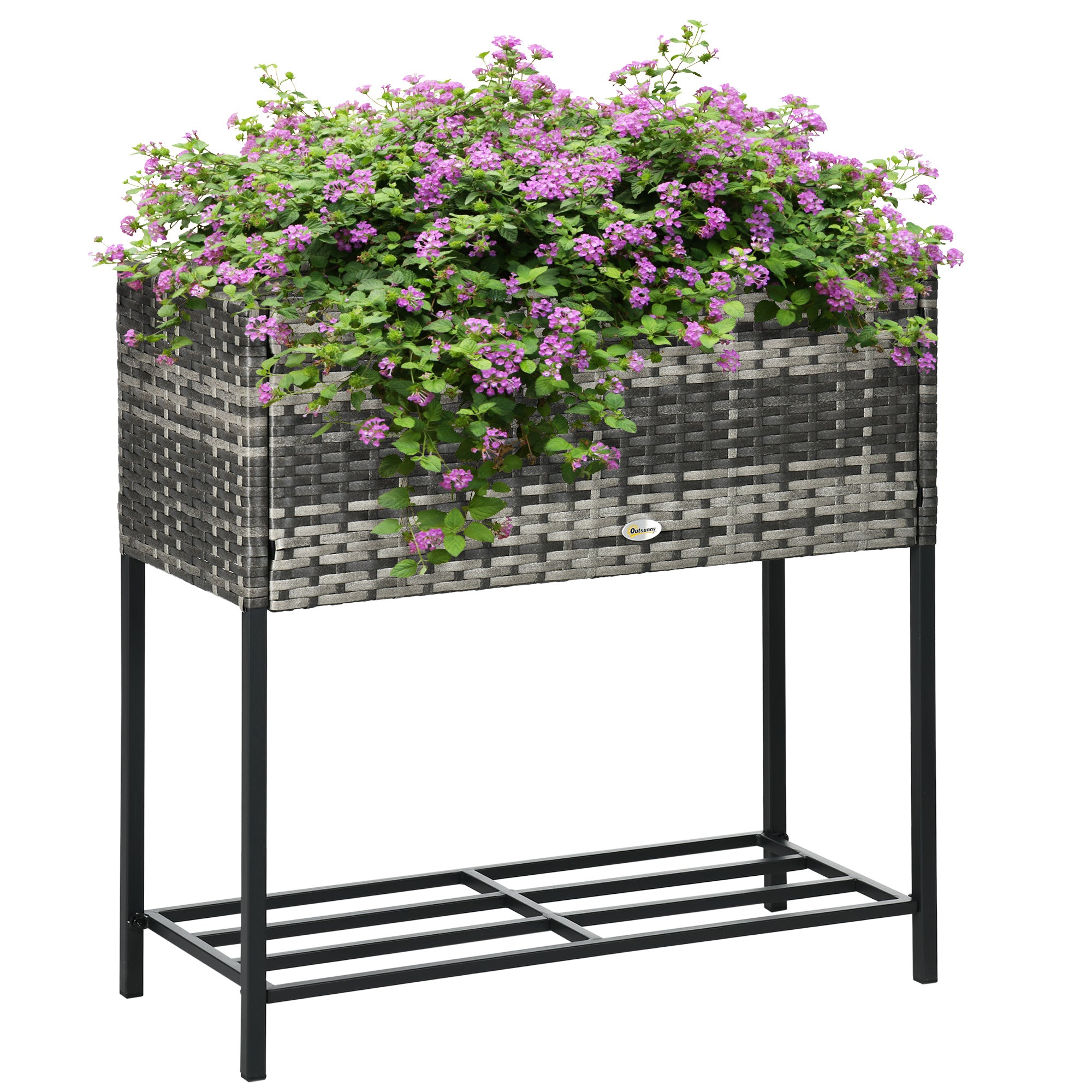 Outsunny Rattan Raised Garden Boxes, Elevated Flower Beds with Storage Shelf for Herbs, Flowers, Vegetables, Mixed Grey