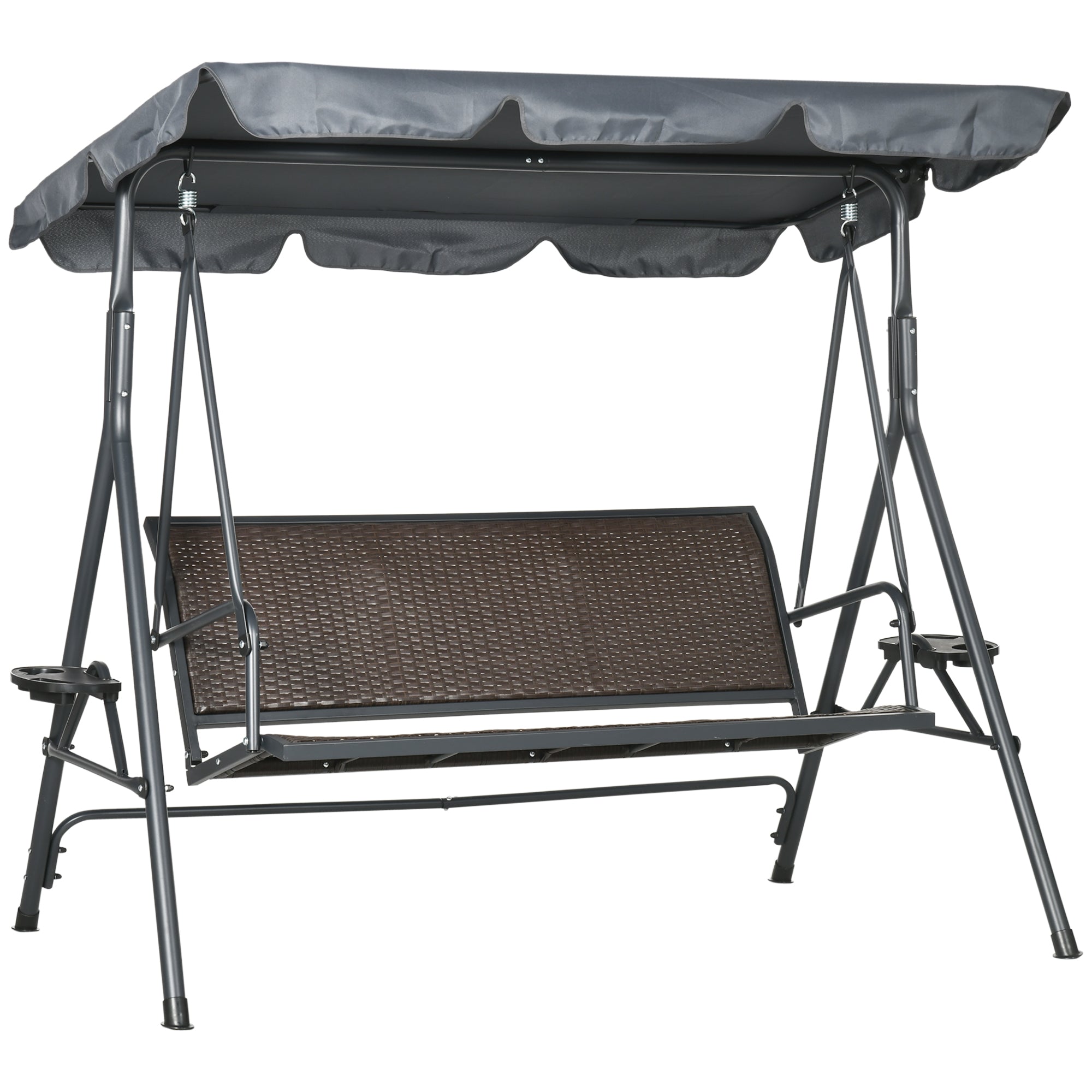 Outsunny 3-Seat Patio Swing Chair, Outdoor Canopy Swing Glider with Adjustable Shade, Rattan Seat and Steel Frame, for Porch, Garden, Poolside, Dark Grey