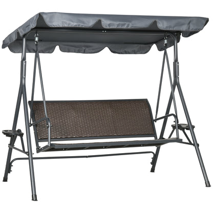 Outsunny 3-Seat Patio Swing Chair, Outdoor Canopy Swing Glider with Adjustable Shade, Rattan Seat and Steel Frame, for Porch, Garden, Poolside, Dark Grey