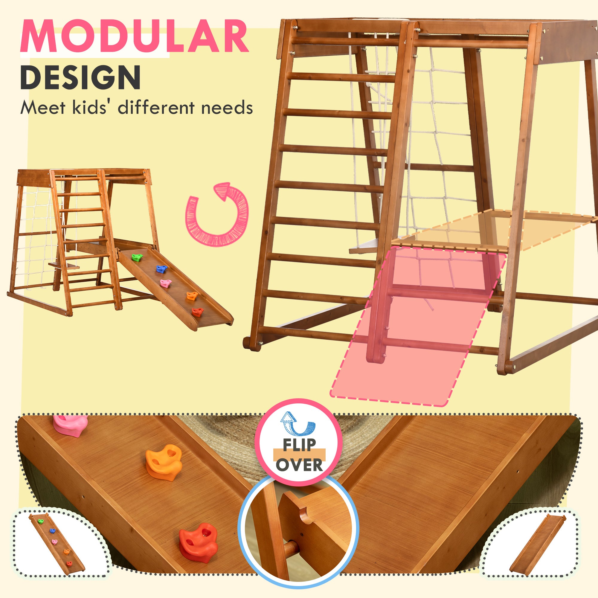Qaba 6-in-1 Kids Indoor Playground Jungle Gym with Slide, Climbing Wall, Rope Climber, Monkey Bars, Swing, Ladder, Toddler Climbing Toys for 3-10 Years Old