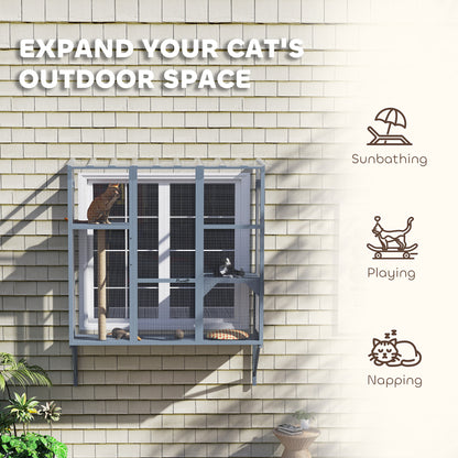 PawHut Wooden Catio Outdoor, Cat Window Box Enclosure for 2-3 Large Cats with 2 Jumping Platforms & Scratching Post, Grey