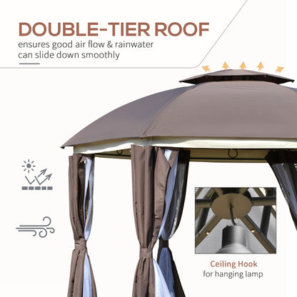 Outsunny 12' x 12' Outdoor Gazebo Canopy, Dome Patio Gazebo Netting Sidewalls and Curtains, Double Vented Roof, Brown