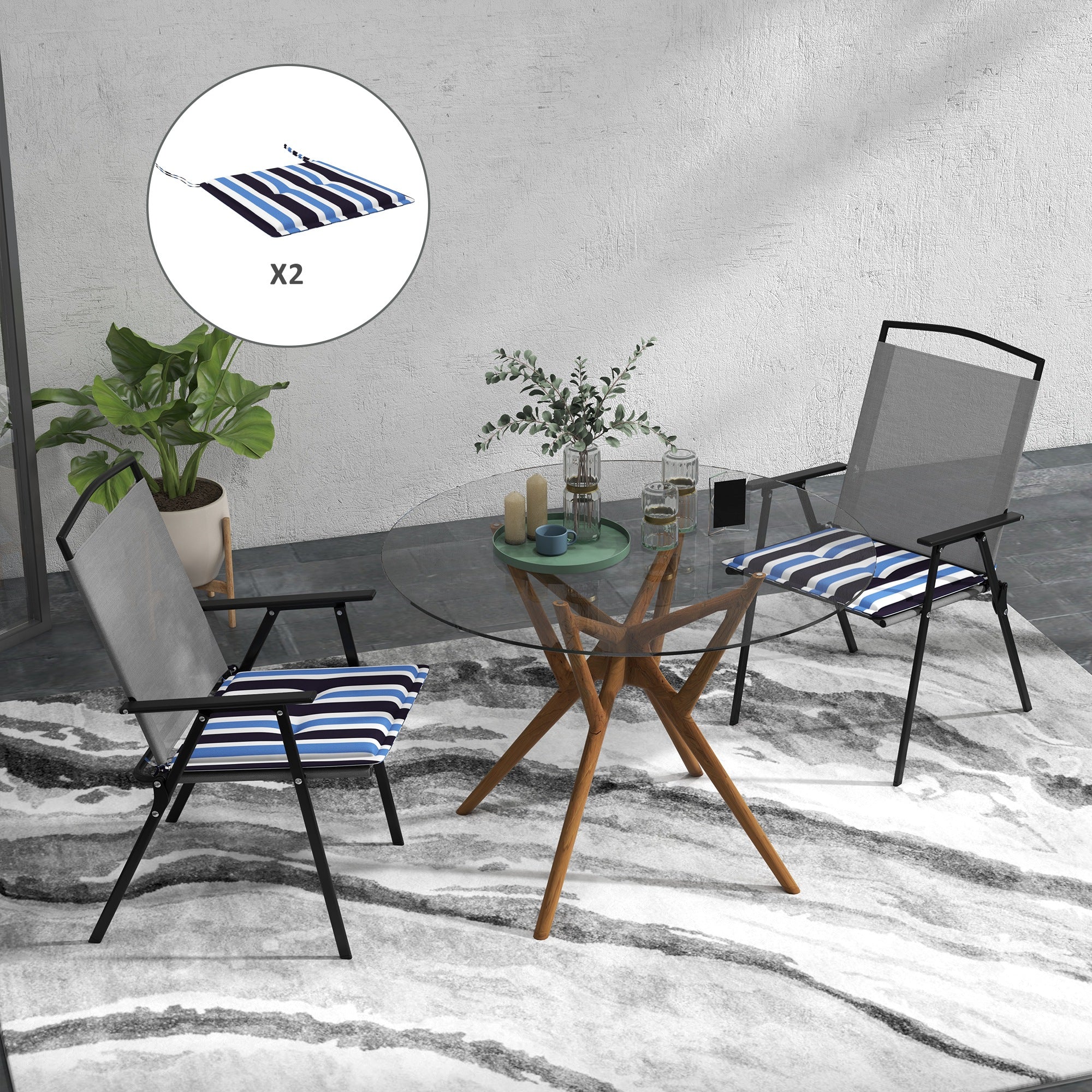 Outsunny 2-Piece Seat Cushion Replacement, Outdoor Patio Chair Cushions Set with Ties, Button Tufted, Blue White Strip
