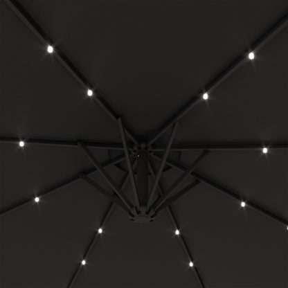 Outsunny 9.5' Offset Patio Umbrella Garden Parasol with Solar LED Lights and Weights, Dark Grey