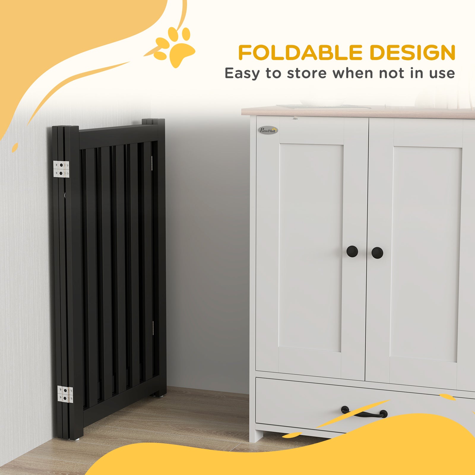 PawHut 3-Panel Foldable Dog Gate with Feet for Medium Dogs and Below, Black