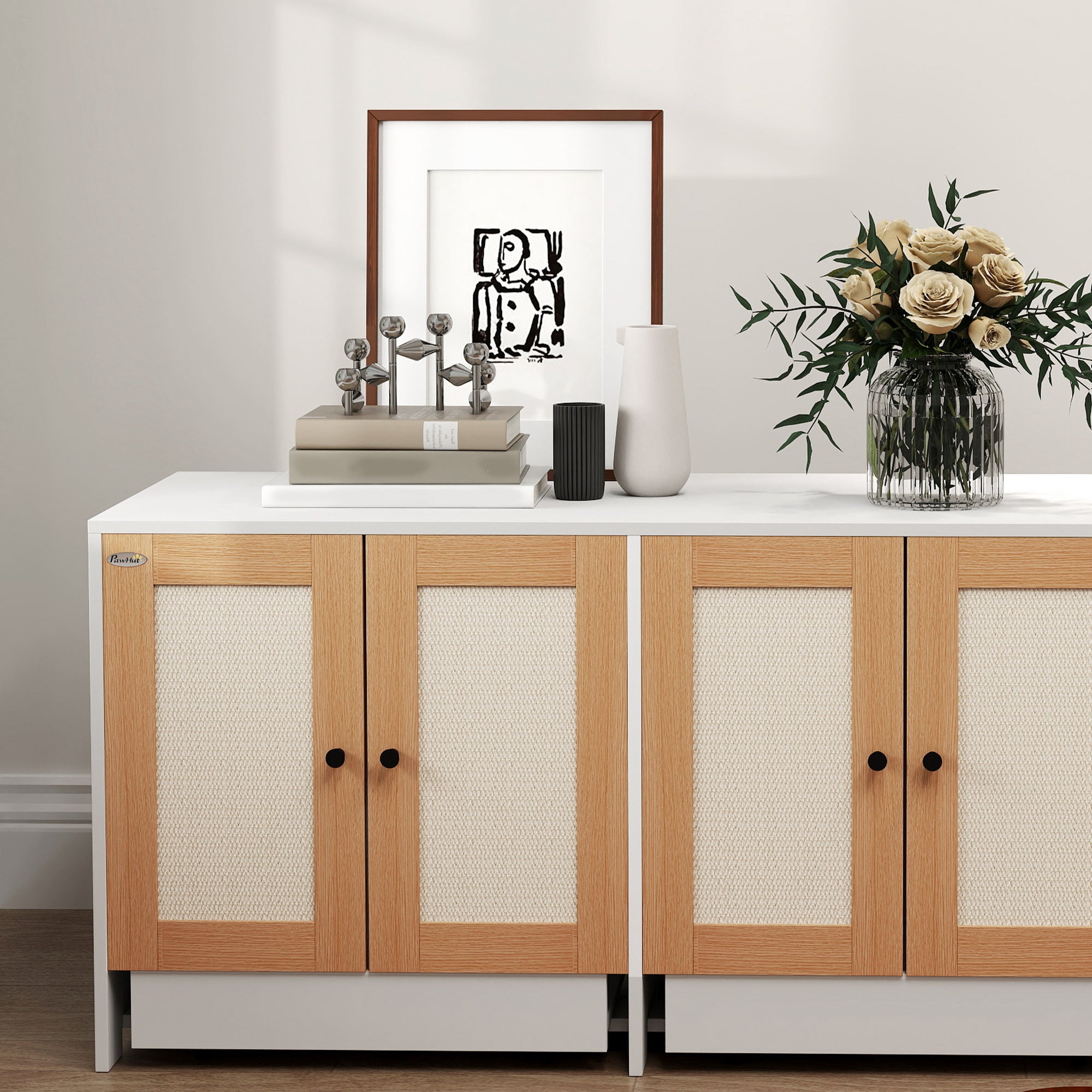 PawHut Cat Litter Box Enclosure w/ 2 Cabinets, Scratching Mats, Pull-Out Trays, Hidden Litter Box for 2 Cats, White
