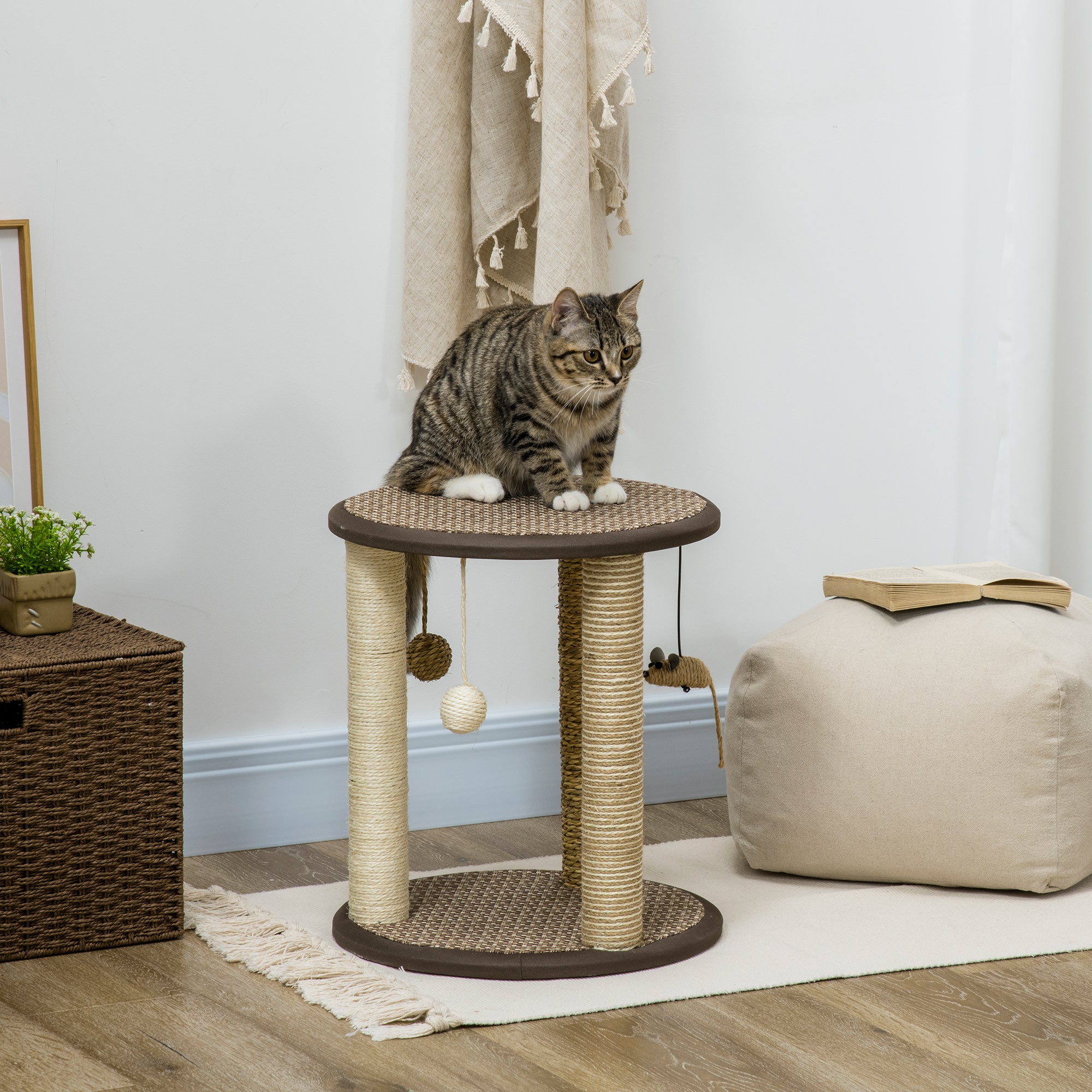 PawHut 17" Cat Tree, Kitty Activity Centre with Hanging Toys, Cat Tower with Jute, Sisal, Seagrass Scratching Post, Brown