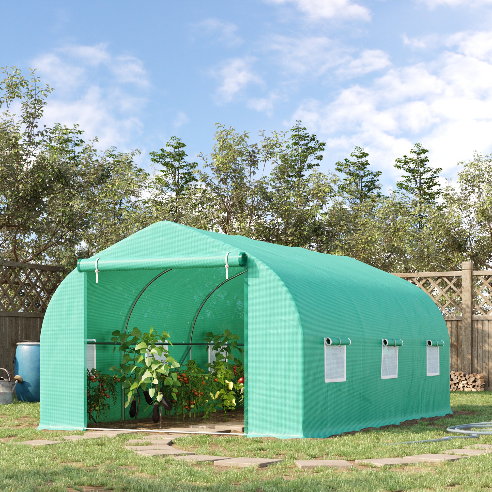 Outsunny 15' x 10' x 7' Walk-in Greenhouse Outdoor Plant Tunnel Warm Hot House w/ Roll Up Door and 6 Mesh Windows, Steel Frame, Green