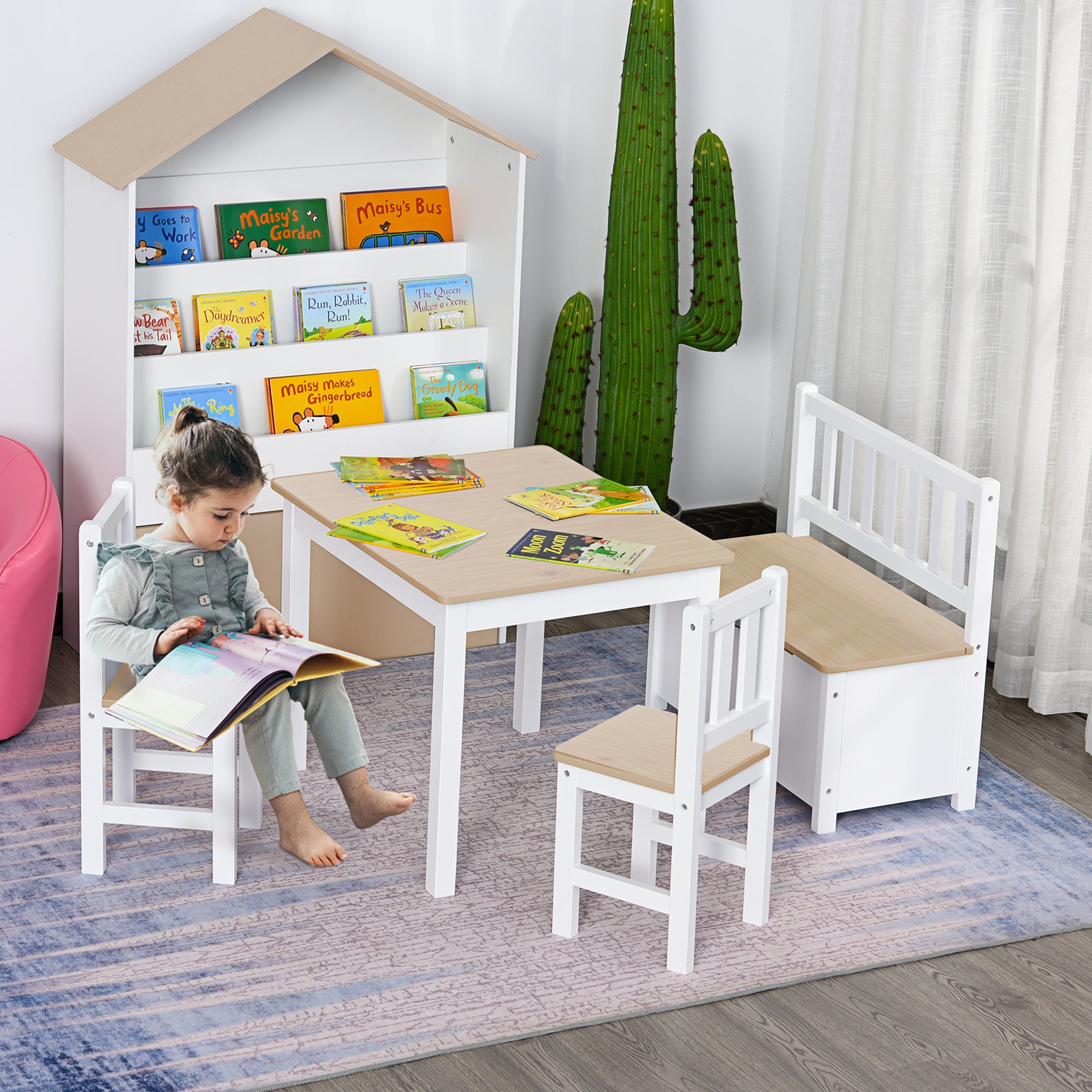 Qaba 4-Piece Set Kids Wood Table Chair Bench with Storage Function Easy to Clean Gift for Girls Boys Toddlers Age 3 Years up Natural and White