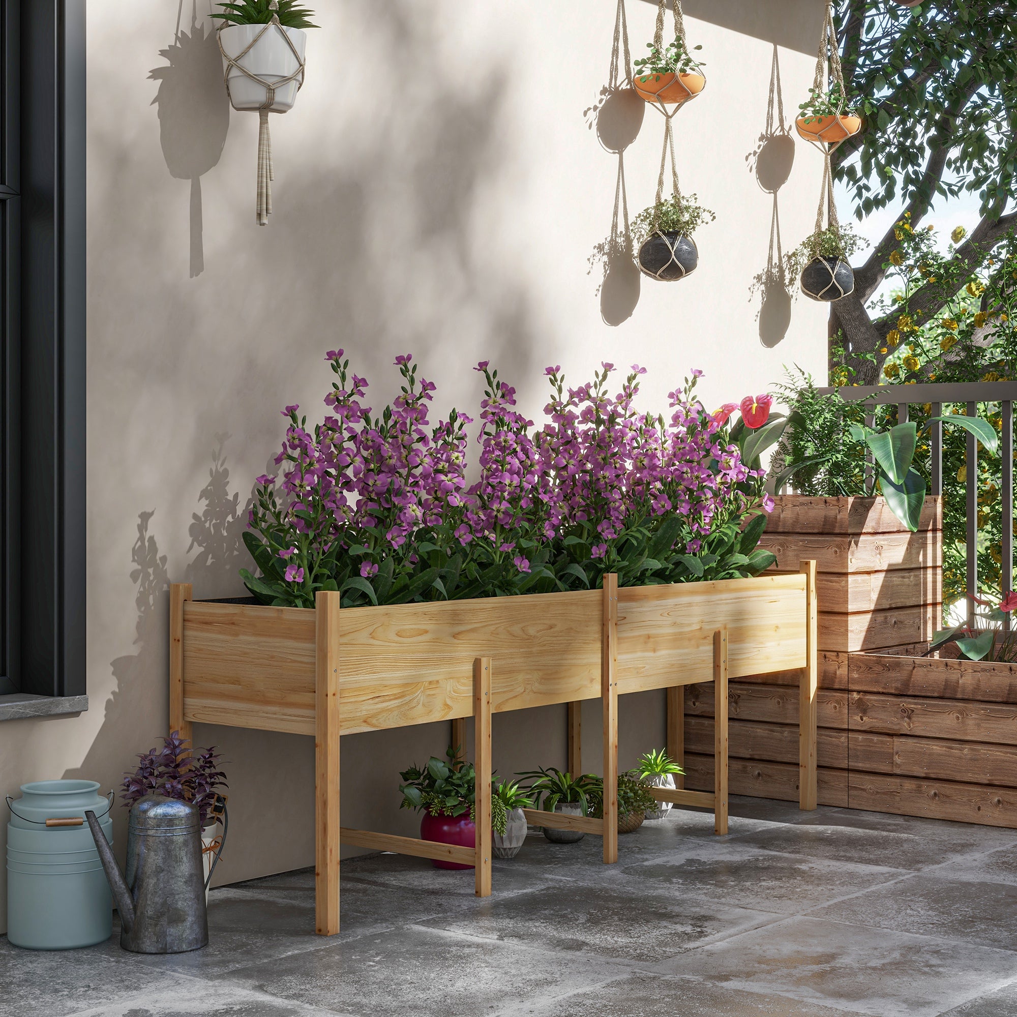 Outsunny Wooden Raised Garden Bed Planter, Large Elevated Planter Box with Legs, Bed Liner and Drain Holes, 7.4' x 1.8' x 2.6'