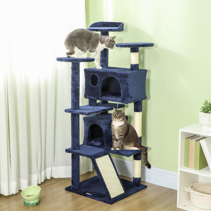 PawHut 54" Cat Tree, Multi-Level Cat Tower with Scratching Posts, Cat Condos, Bed, Platforms, Ramp, Toy Ball, Dark Blue