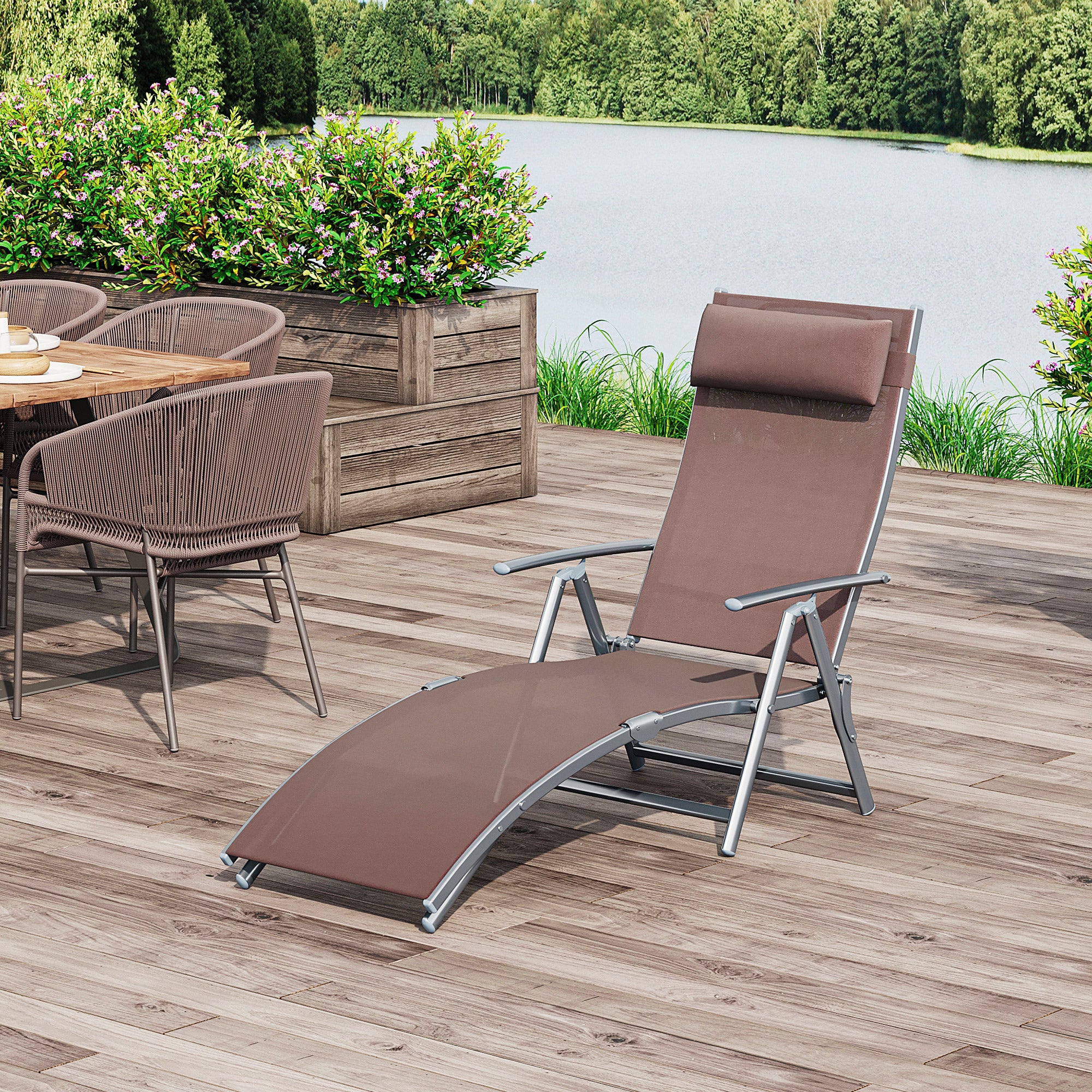 Outsunny Heavy-duty Adjustable Folding Reclining Chair Outdoor Sun Lounger Patio Chaise Lounge Garden Beach Gravity Lounge with Pillow, 7 Adjustable Backrest Positions, Brown