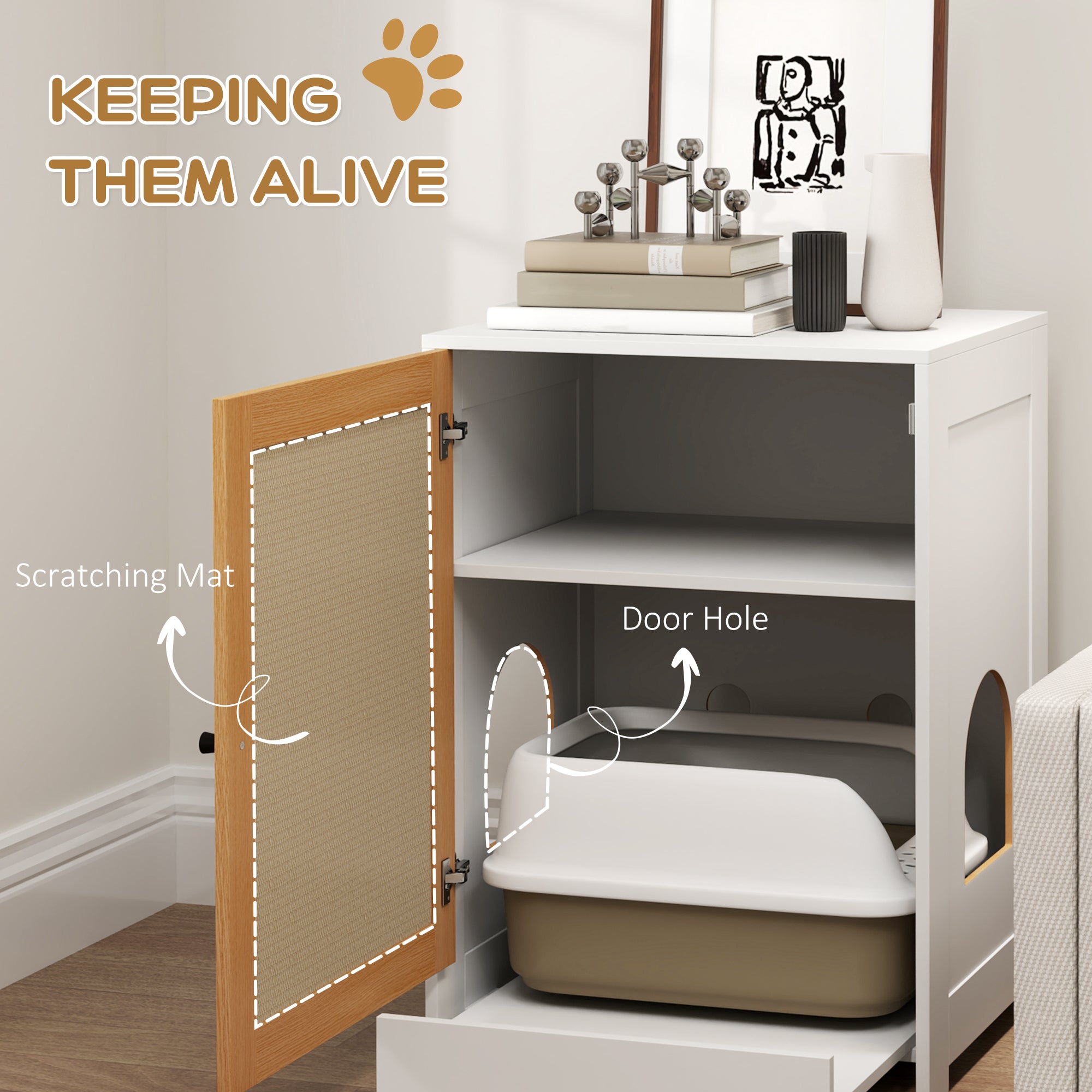 PawHut Cat Litter Box Enclosure, Hidden Litter Box Furniture with Pull-Out Tray, Storage Cabinet, Scratching Mat, Oak