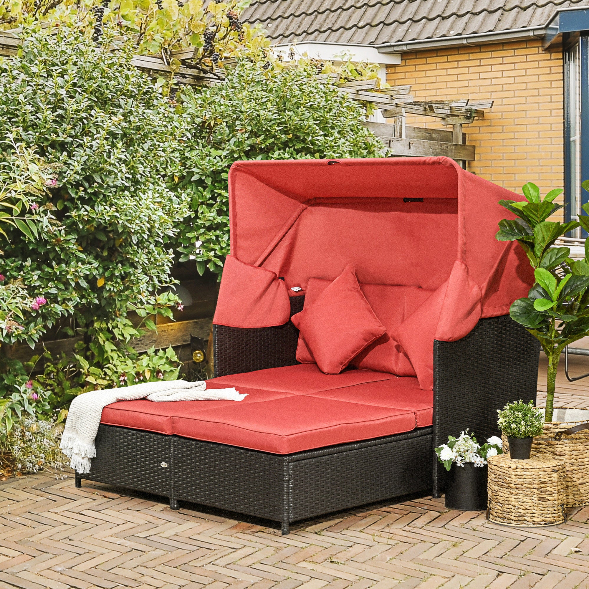 Outsunny Patio Daybed, Outdoor Wicker Double Daybed, PE Rattan Sun Lounger for 2-Person with Cushions, and Foldable Awning, for Garden, Balcony, Poolside, Red