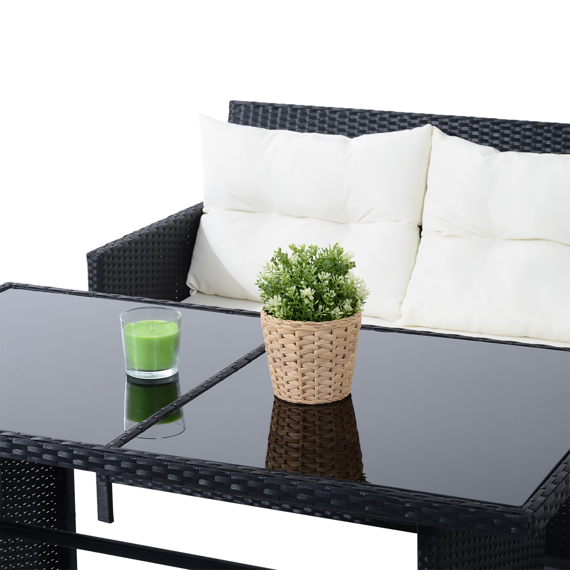 Outsunny 6pcs Outdoor Rattan Sofa Set Garden Wicker Sectional Couch Furniture Set with Dining Table and Chair White
