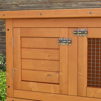 PawHut 2-Tier Wooden Rabbit Hutch Small Animal House Bunny Pet Cage with 2 Main Rooms, Sliding Tray, Opening Top, Yellow