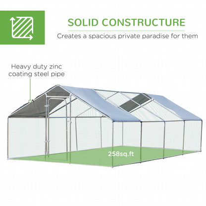 PawHut 9.8' x 26.2' Metal Chicken Coop, Galvanized Walk-in Hen House, Poultry Cage with 1.25" Tube, Waterproof UV-Protection Cover for Rabbits, Ducks